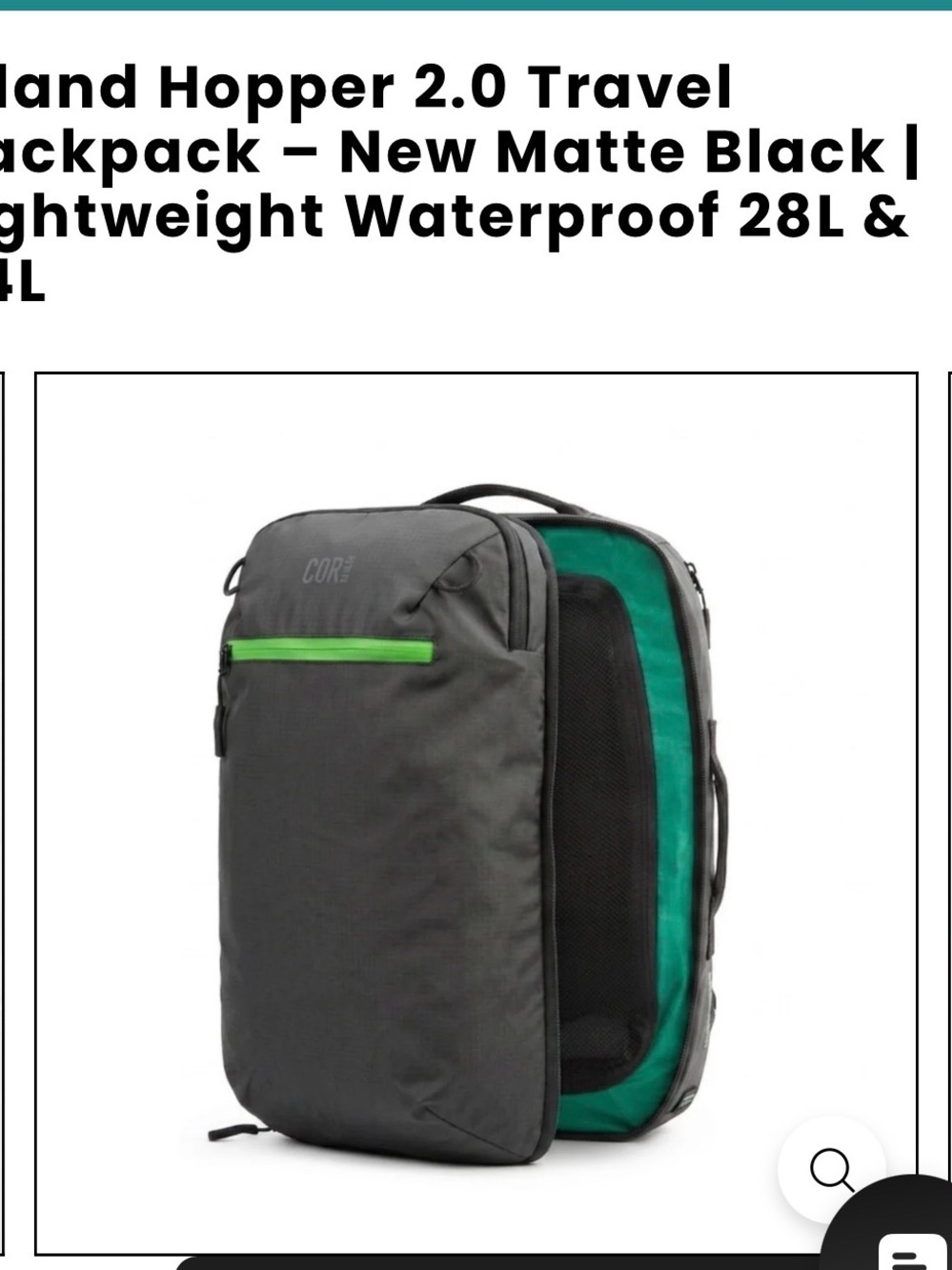 COR Surf 34l Pack Travel Backpack in Gray with Green Accents used once